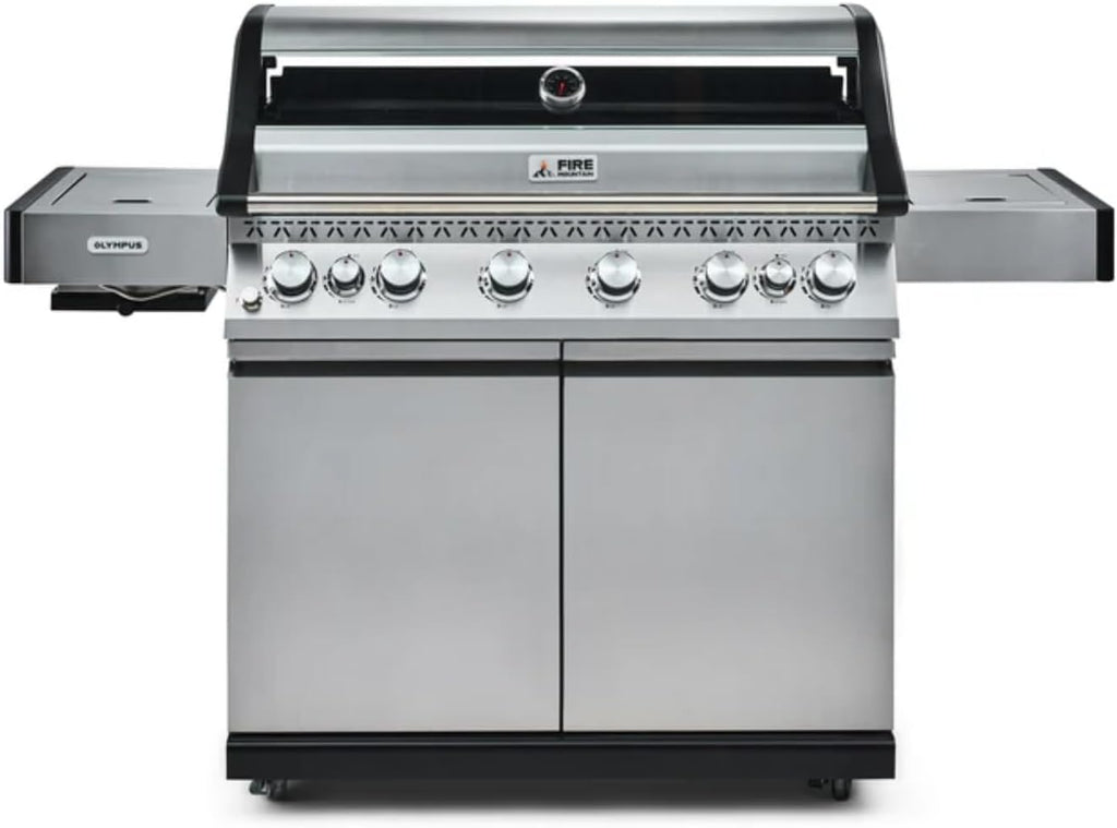 Fire Mountain Olympus 8 Burner Gas BBQ, Stainless Steel Barbecue Cast Iron Grill, Glass Viewing Lid, Side Burner & Built-In Temperature Gauge, Extra Large Outdoor Grill for Garden Parties & Patio