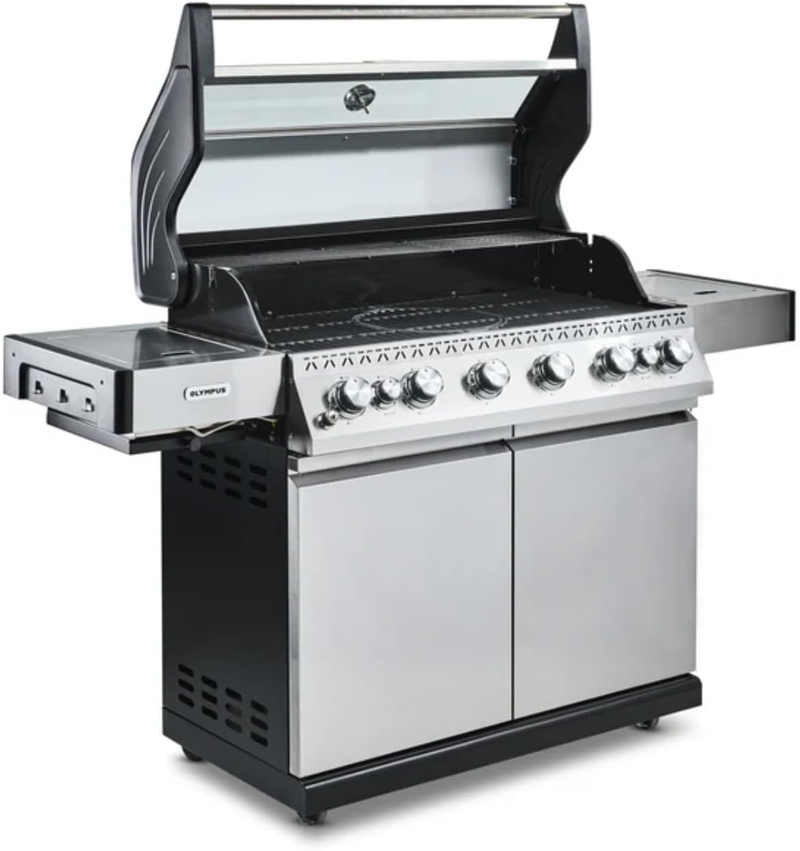 Fire Mountain Olympus 8 Burner Gas BBQ, Stainless Steel Barbecue Cast Iron Grill, Glass Viewing Lid, Side Burner & Built-In Temperature Gauge, Extra Large Outdoor Grill for Garden Parties & Patio