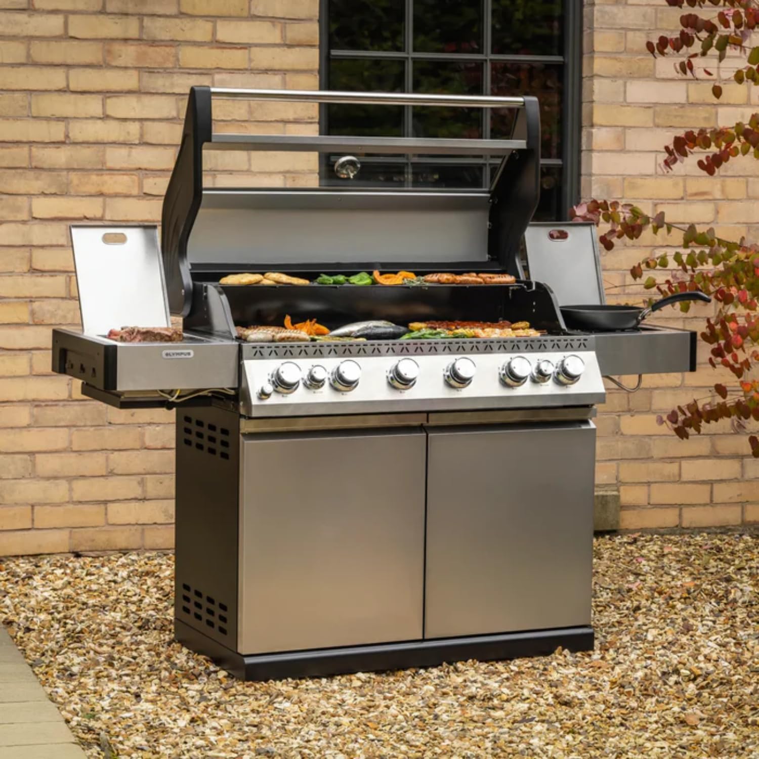 Fire Mountain Olympus 8 Burner Gas BBQ, Stainless Steel Barbecue Cast Iron Grill, Glass Viewing Lid, Side Burner & Built-In Temperature Gauge, Extra Large Outdoor Grill for Garden Parties & Patio