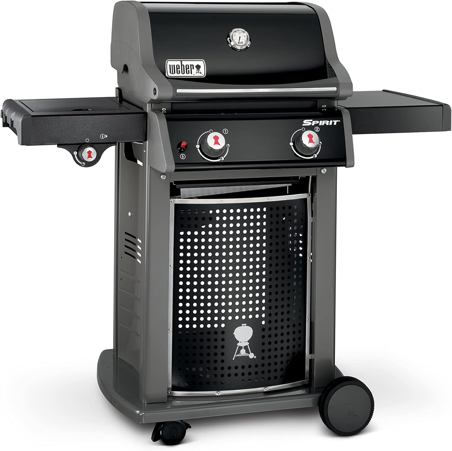 Weber Spirit E-220 Classic Gas Grill, 2 Burners + Side Burner, 52 x 45cm Grill Area, Warming Rack, Lid Thermometer, Foldable Side Table (Right), 4 Wheels - Black (46015074)