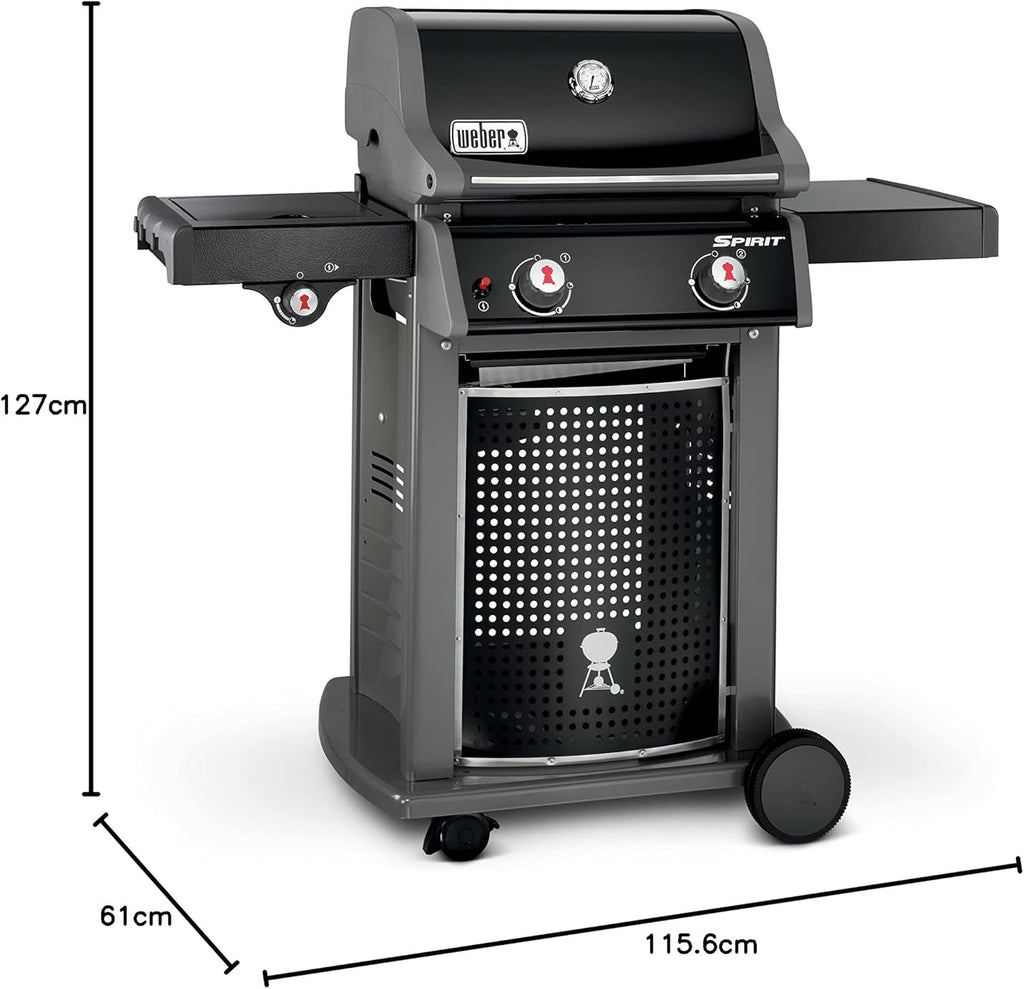Weber Spirit E-220 Classic Gas Grill, 2 Burners + Side Burner, 52 x 45cm Grill Area, Warming Rack, Lid Thermometer, Foldable Side Table (Right), 4 Wheels - Black (46015074)