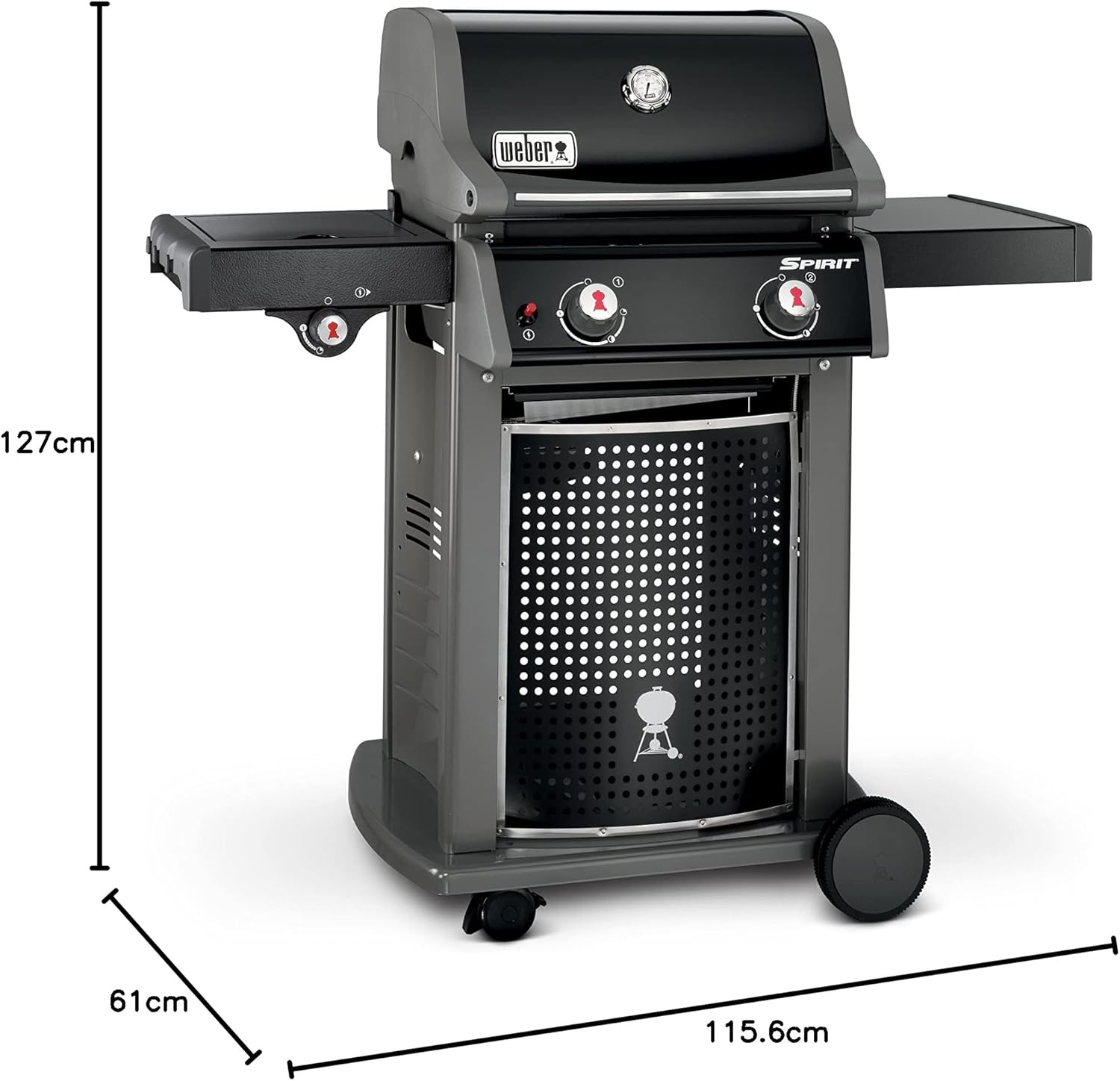 Weber Spirit E-220 Classic Gas Grill, 2 Burners + Side Burner, 52 x 45cm Grill Area, Warming Rack, Lid Thermometer, Foldable Side Table (Right), 4 Wheels - Black (46015074)