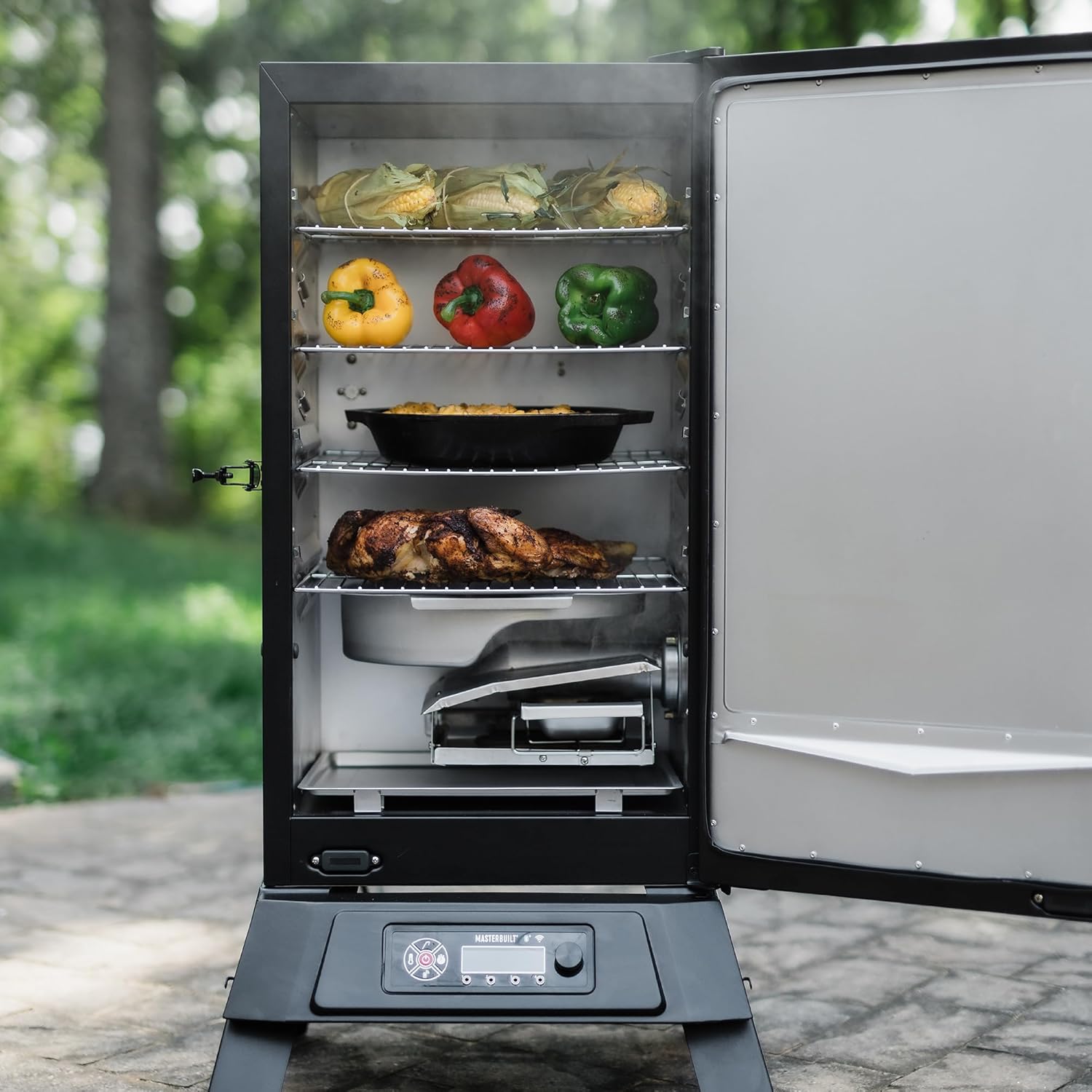 Masterbuilt 710 WiFi Digital Smoker, Vertical Design, 711 Cooking Sq. Inches, 4 Chrome Coated Smoking Racks, Wood Chip Loader, Electric Fuel Source to Plug in and Start Cooking, Black Model MB20072124