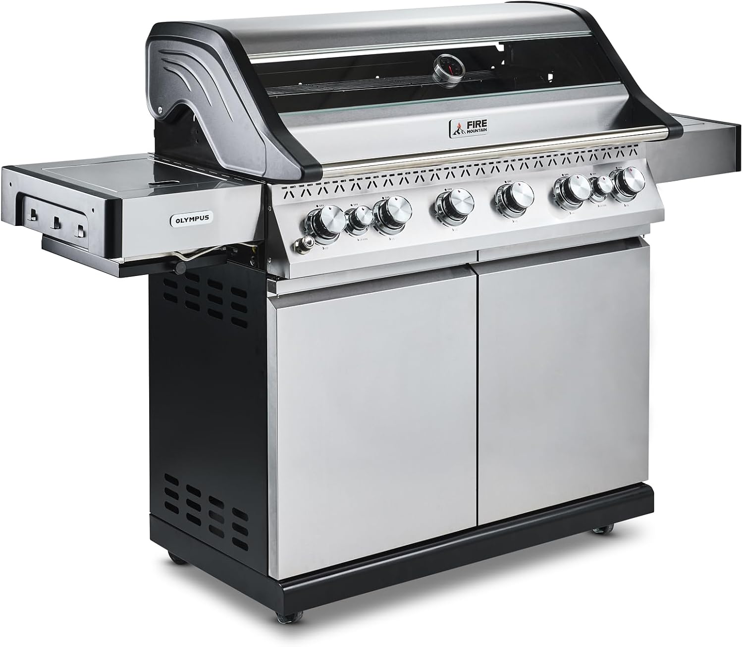 Fire Mountain Olympus 8 Burner Gas BBQ, Stainless Steel Barbecue Cast Iron Grill, Glass Viewing Lid, Side Burner & Built-In Temperature Gauge, Extra Large Outdoor Grill for Garden Parties & Patio