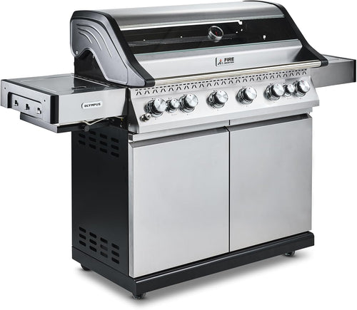 Fire Mountain Olympus 8 Burner Gas BBQ, Stainless Steel Barbecue Cast Iron Grill, Glass Viewing Lid, Side Burner & Built-In Temperature Gauge, Extra Large Outdoor Grill for Garden Parties & Patio
