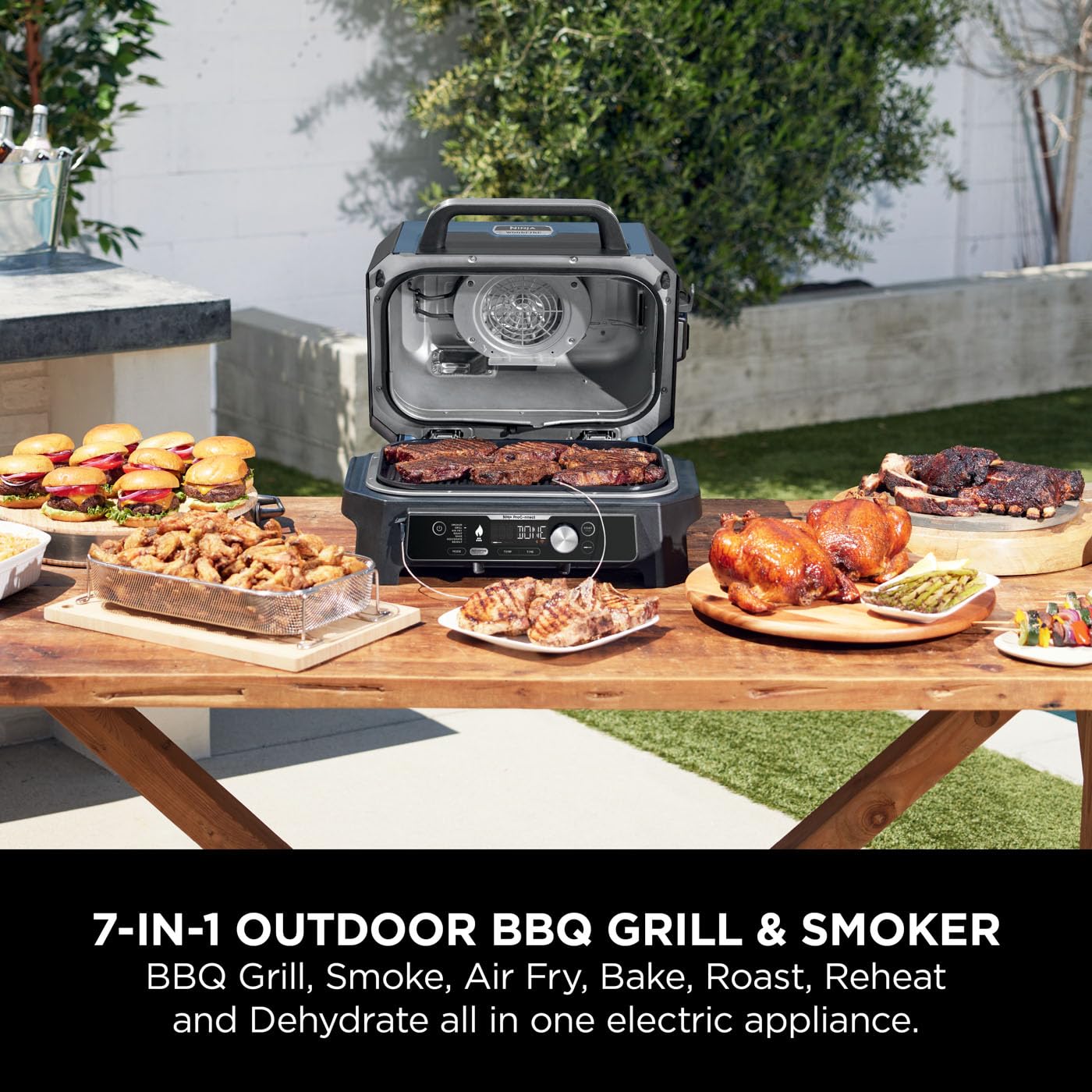 Ninja Woodfire Pro Connect XL Electric BBQ Grill and Smoker with App Control, Digital Probe, Large 7-in-1 Outdoor Grill and Air Fryer with Woodfire Pellets, Weather Resistant, Blue and Black OG901UK