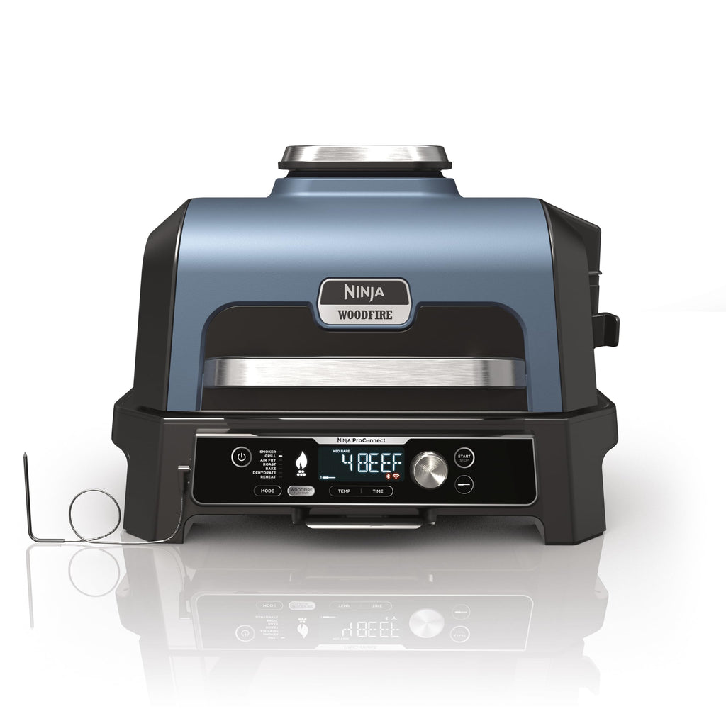 Ninja Woodfire Pro Connect XL Electric BBQ Grill and Smoker with App Control, Digital Probe, Large 7-in-1 Outdoor Grill and Air Fryer with Woodfire Pellets, Weather Resistant, Blue and Black OG901UK