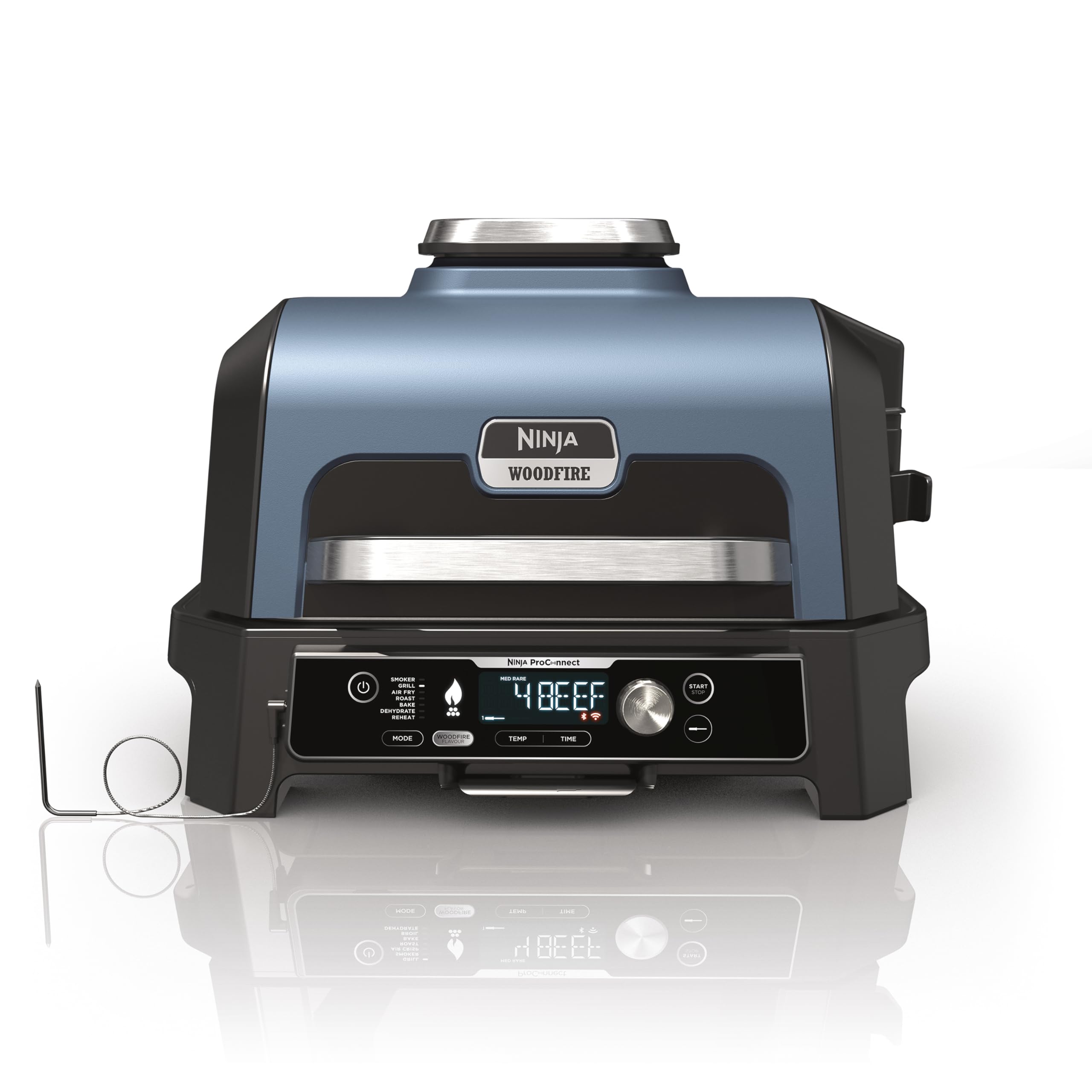 Ninja Woodfire Pro Connect XL Electric BBQ Grill and Smoker with App Control, Digital Probe, Large 7-in-1 Outdoor Grill and Air Fryer with Woodfire Pellets, Weather Resistant, Blue and Black OG901UK