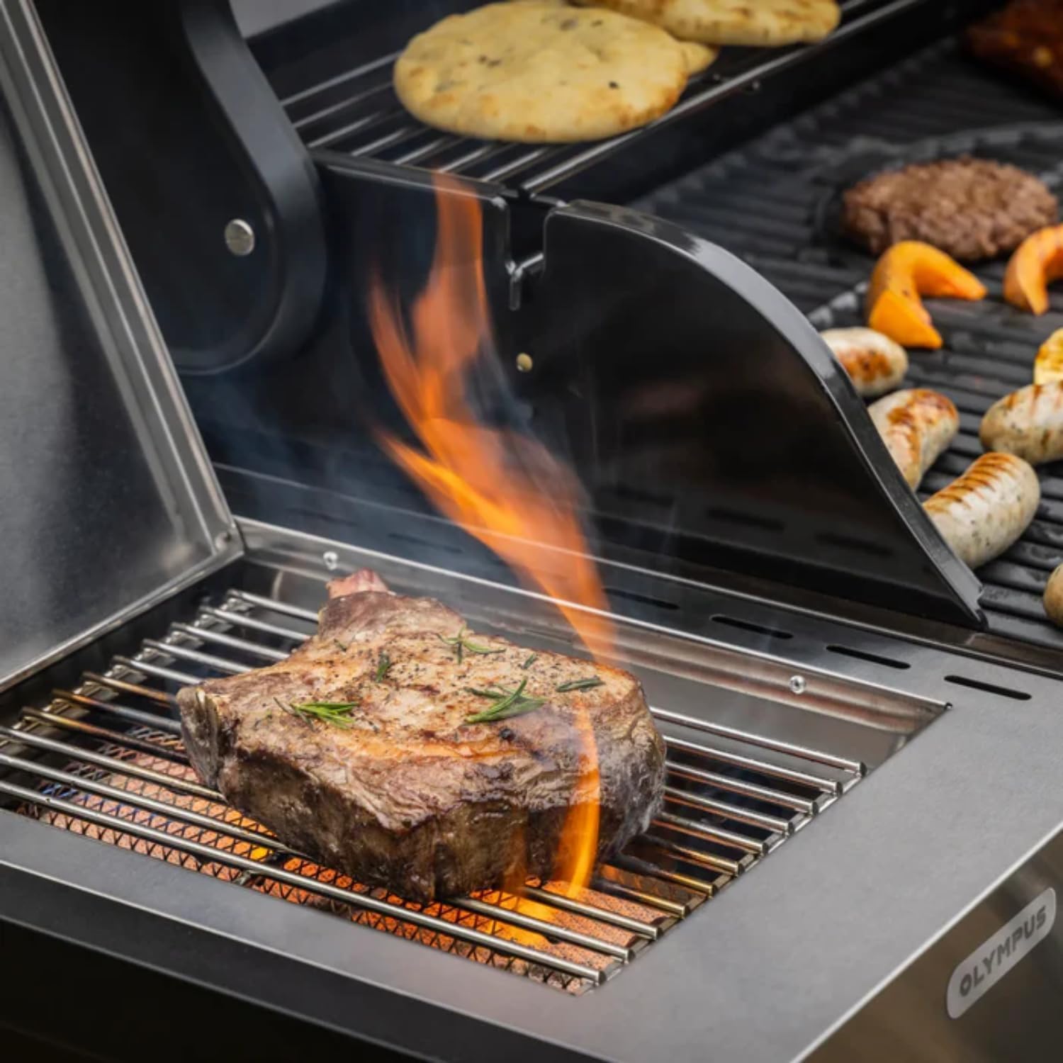 Fire Mountain Olympus 8 Burner Gas BBQ, Stainless Steel Barbecue Cast Iron Grill, Glass Viewing Lid, Side Burner & Built-In Temperature Gauge, Extra Large Outdoor Grill for Garden Parties & Patio