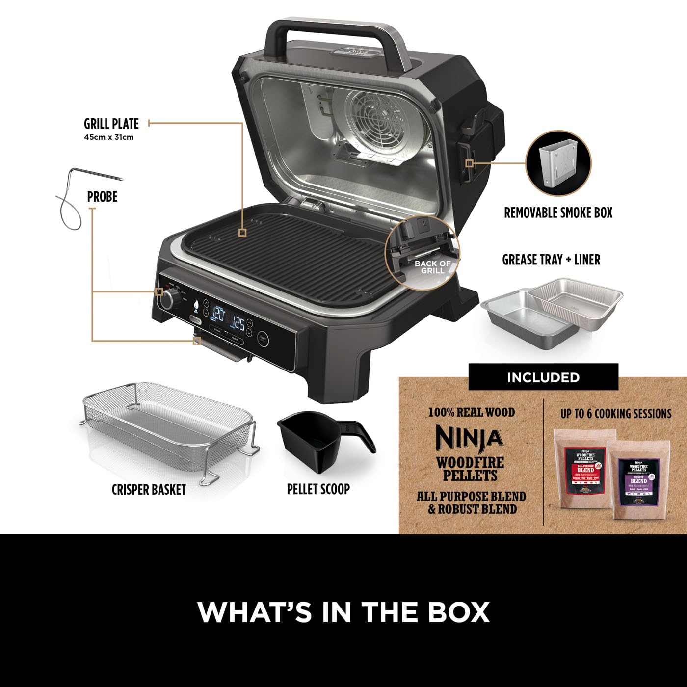 Ninja Woodfire Pro Connect XL Electric BBQ Grill and Smoker with App Control, Digital Probe, Large 7-in-1 Outdoor Grill and Air Fryer with Woodfire Pellets, Weather Resistant, Blue and Black OG901UK