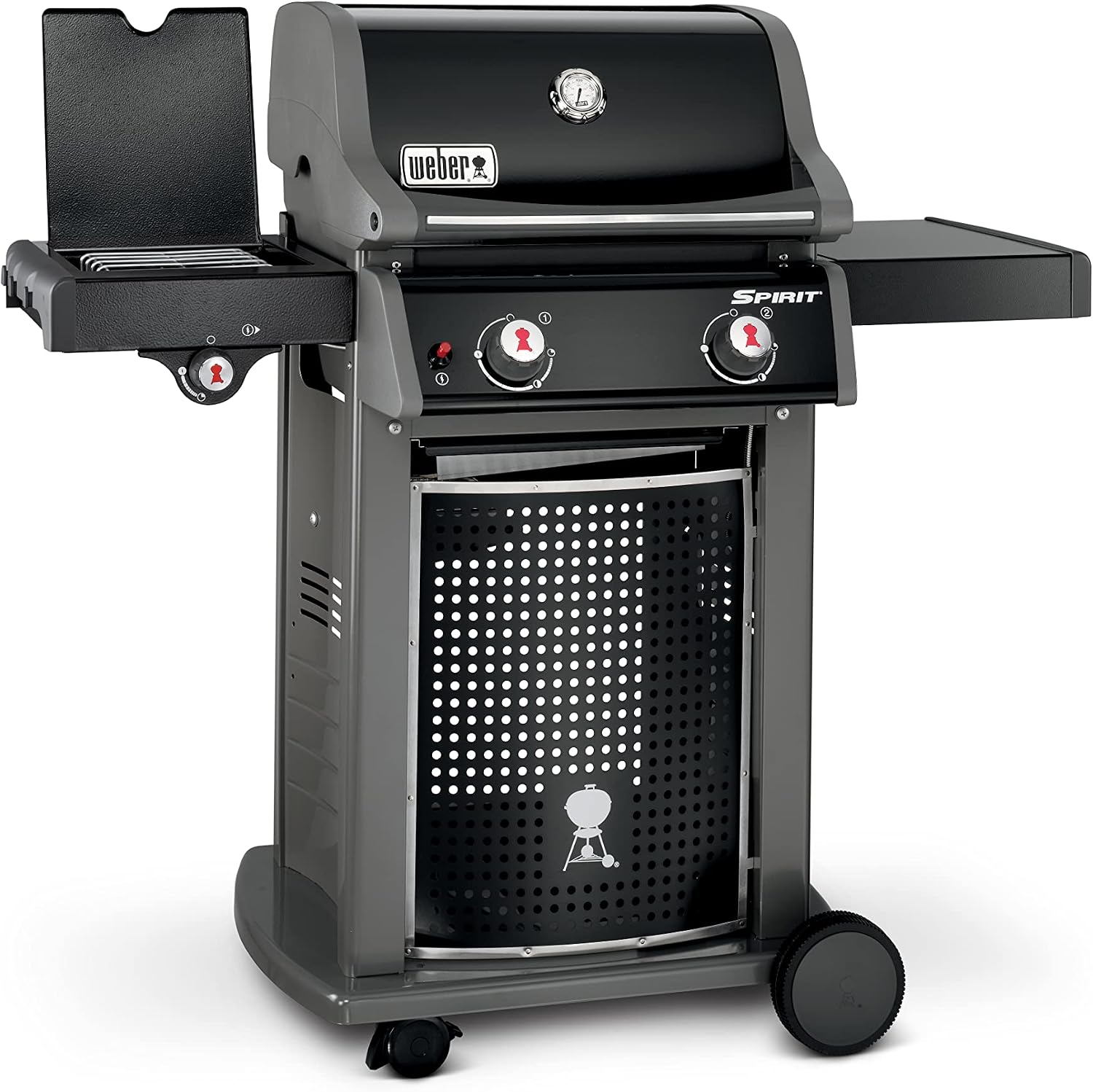 Weber Spirit E-220 Classic Gas Grill, 2 Burners + Side Burner, 52 x 45cm Grill Area, Warming Rack, Lid Thermometer, Foldable Side Table (Right), 4 Wheels - Black (46015074)