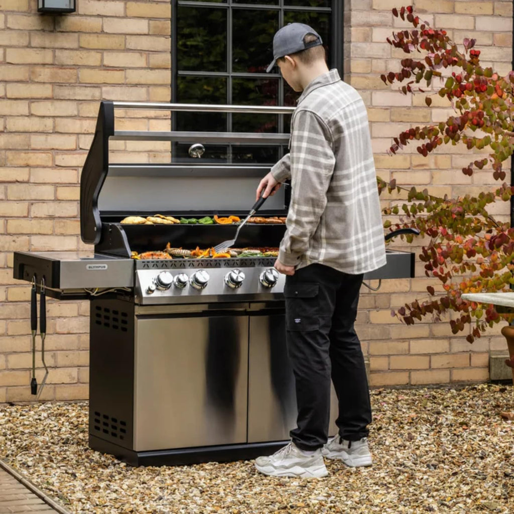 Fire Mountain Olympus 8 Burner Gas BBQ, Stainless Steel Barbecue Cast Iron Grill, Glass Viewing Lid, Side Burner & Built-In Temperature Gauge, Extra Large Outdoor Grill for Garden Parties & Patio