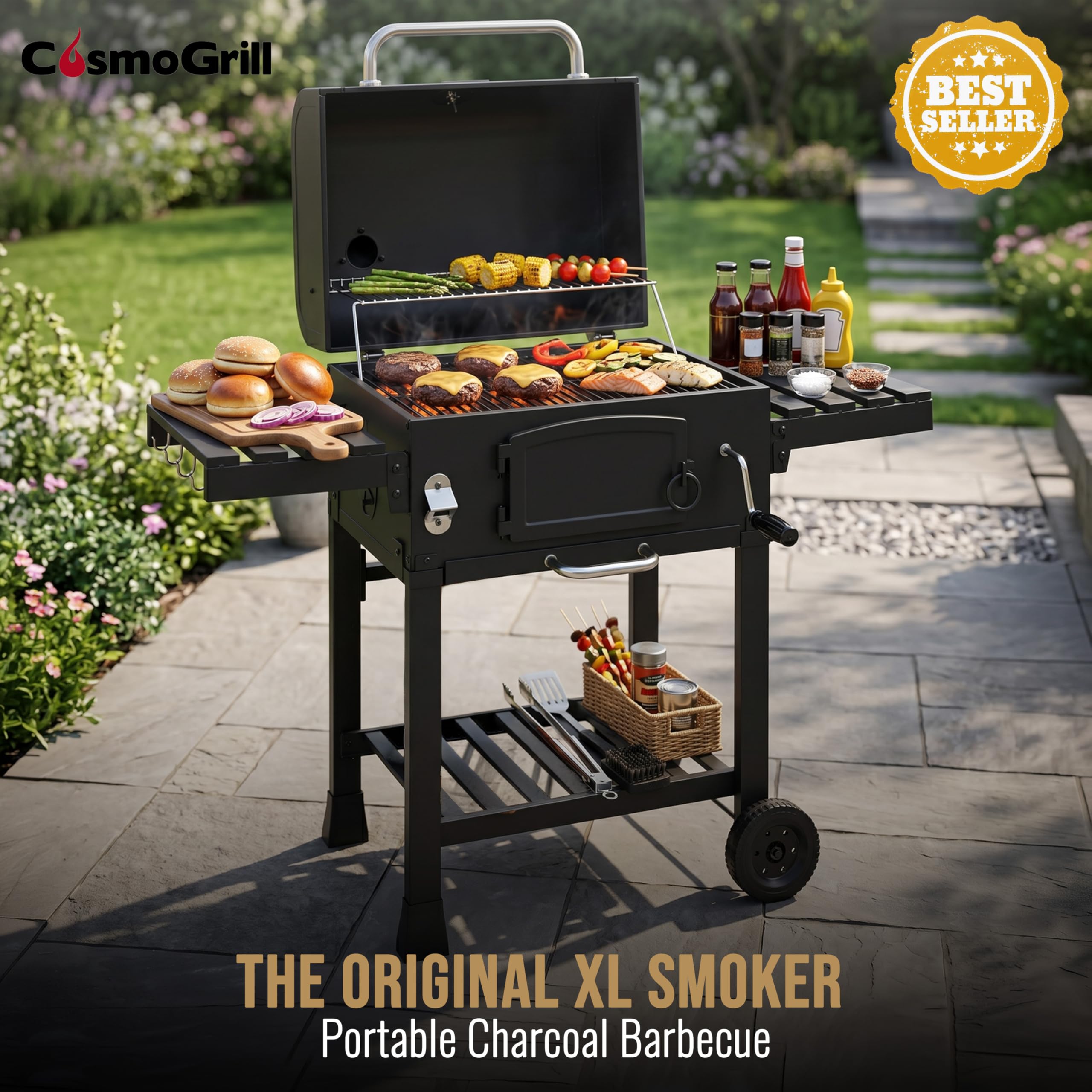CosmoGrill Outdoor XL Smoker Barbecue Charcoal Portable BBQ Grill, 2 Folding Side Table, Built-in Thermometer, Adjustable Charcoal Pan & Chimney, Wheels, Large Coal BBQ Smoker for Home Garden Cooking