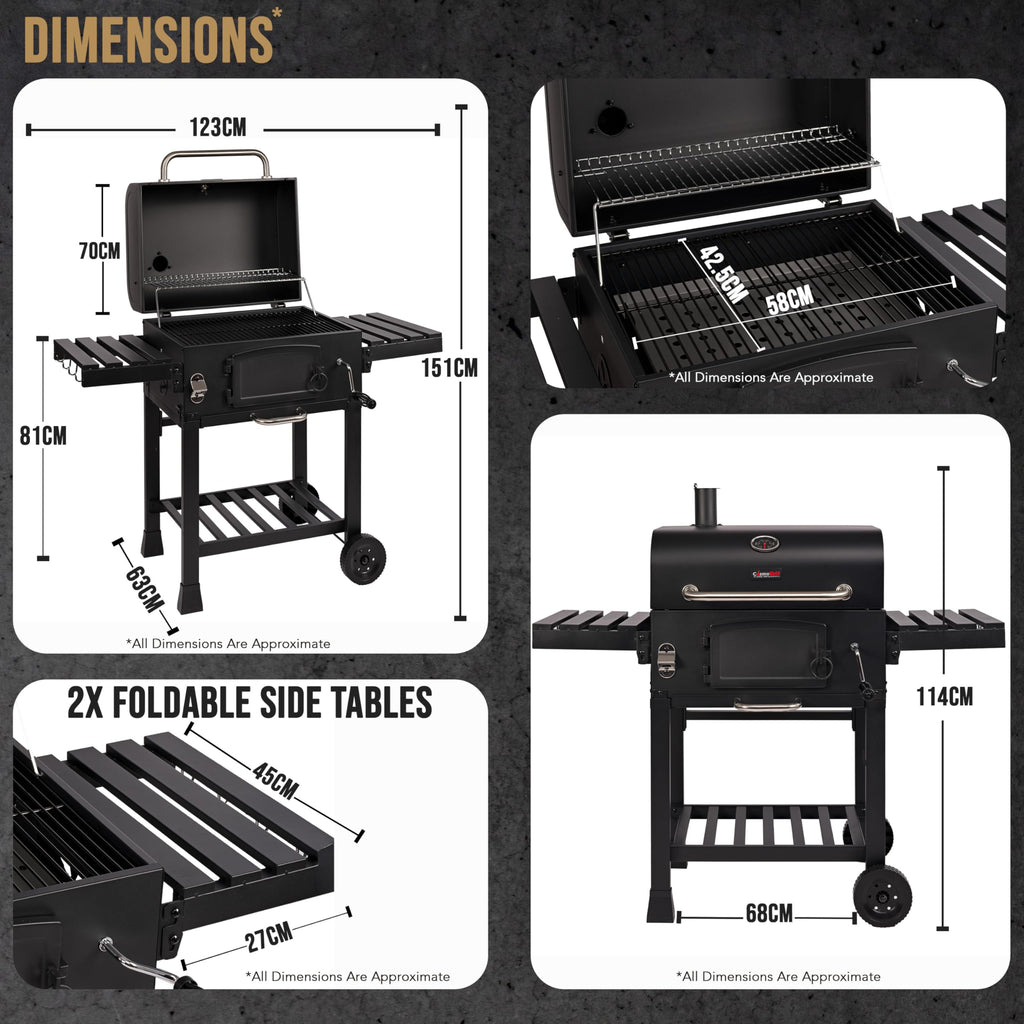 CosmoGrill Outdoor XL Smoker Barbecue Charcoal Portable BBQ Grill, 2 Folding Side Table, Built-in Thermometer, Adjustable Charcoal Pan & Chimney, Wheels, Large Coal BBQ Smoker for Home Garden Cooking