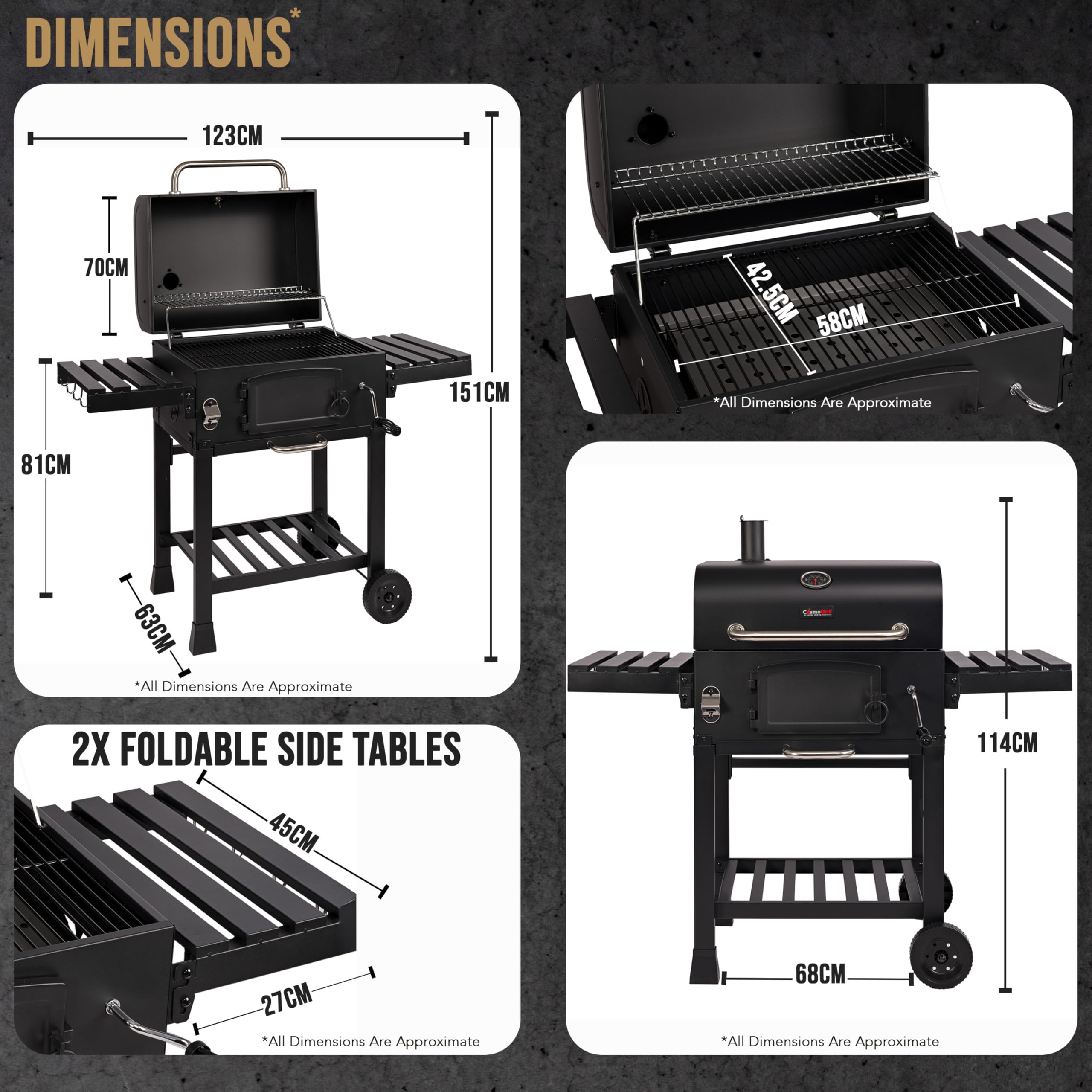 CosmoGrill Outdoor XL Smoker Barbecue Charcoal Portable BBQ Grill, 2 Folding Side Table, Built-in Thermometer, Adjustable Charcoal Pan & Chimney, Wheels, Large Coal BBQ Smoker for Home Garden Cooking