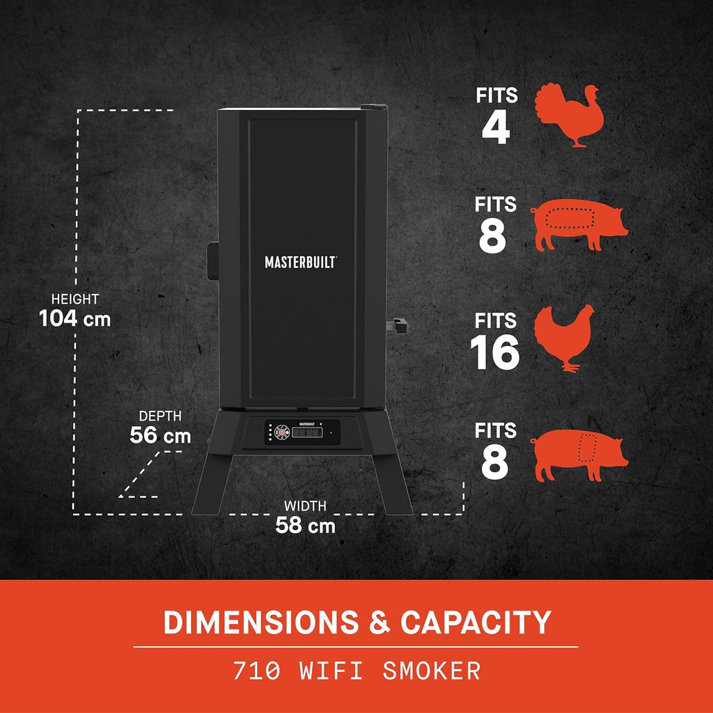 Masterbuilt 710 WiFi Digital Smoker, Vertical Design, 711 Cooking Sq. Inches, 4 Chrome Coated Smoking Racks, Wood Chip Loader, Electric Fuel Source to Plug in and Start Cooking, Black Model MB20072124