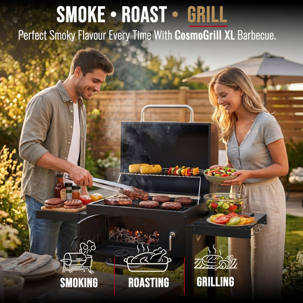 CosmoGrill Outdoor XL Smoker Barbecue Charcoal Portable BBQ Grill, 2 Folding Side Table, Built-in Thermometer, Adjustable Charcoal Pan & Chimney, Wheels, Large Coal BBQ Smoker for Home Garden Cooking