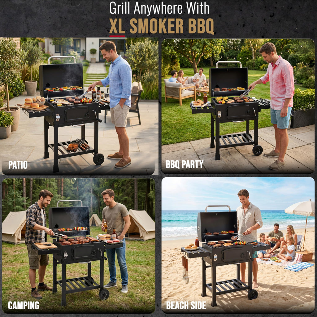 CosmoGrill Outdoor XL Smoker Barbecue Charcoal Portable BBQ Grill, 2 Folding Side Table, Built-in Thermometer, Adjustable Charcoal Pan & Chimney, Wheels, Large Coal BBQ Smoker for Home Garden Cooking
