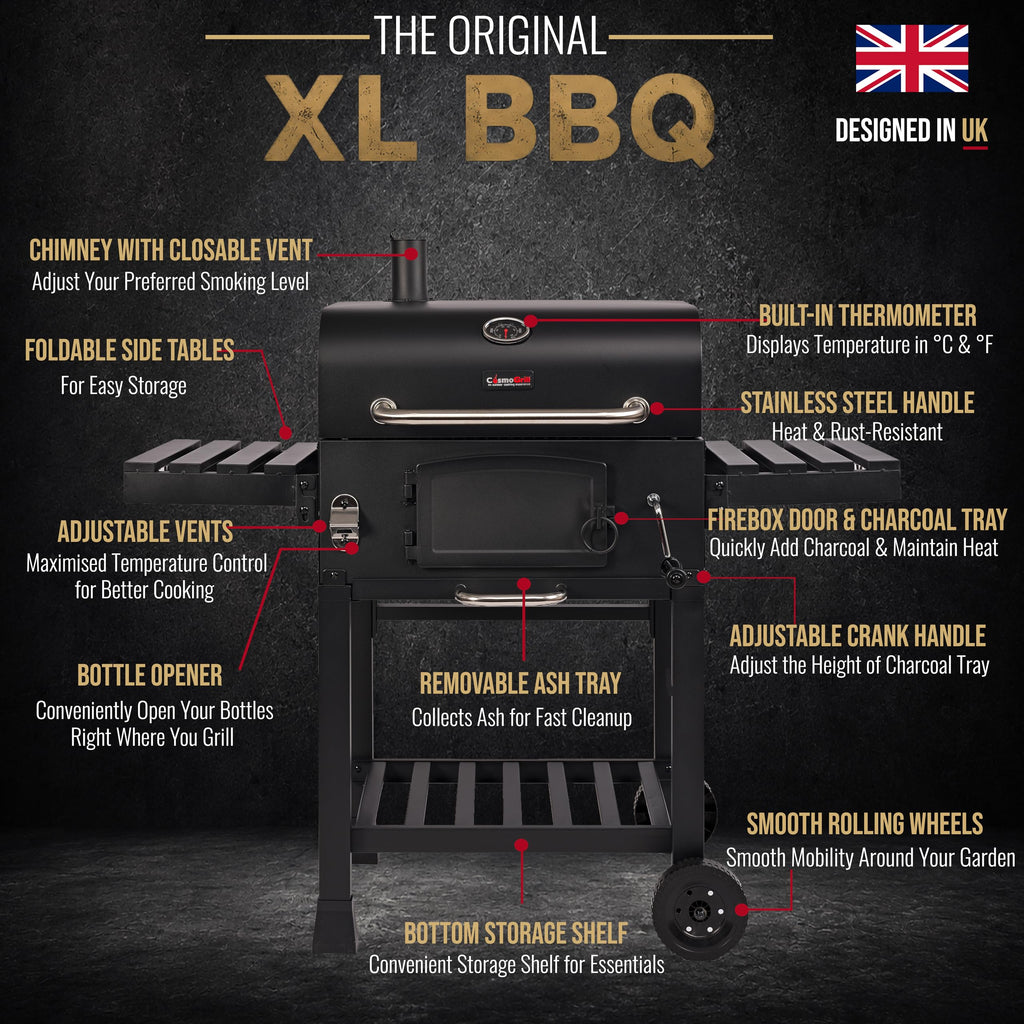 CosmoGrill Outdoor XL Smoker Barbecue Charcoal Portable BBQ Grill, 2 Folding Side Table, Built-in Thermometer, Adjustable Charcoal Pan & Chimney, Wheels, Large Coal BBQ Smoker for Home Garden Cooking