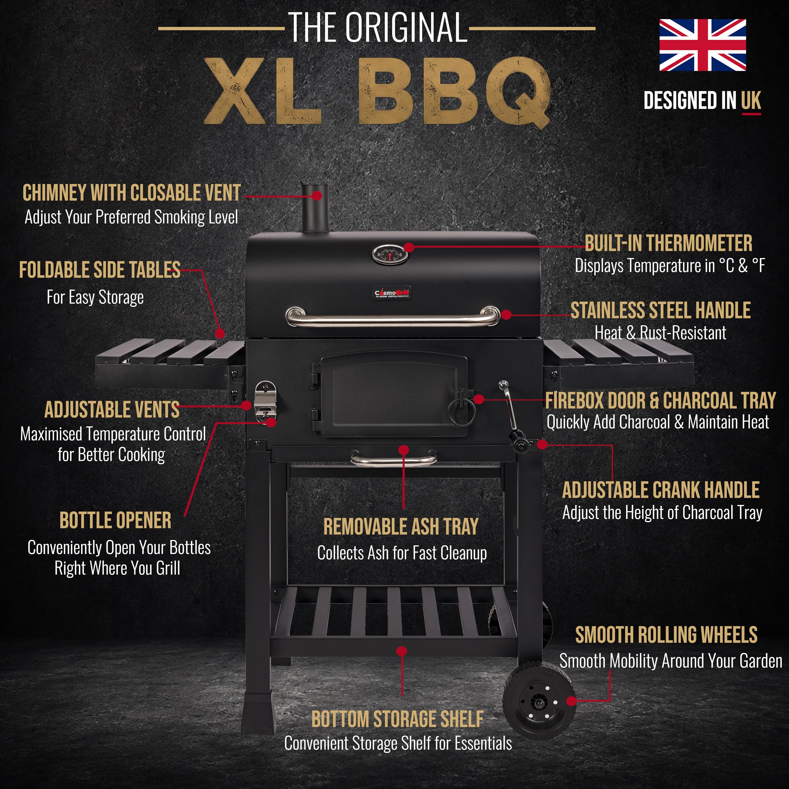 CosmoGrill Outdoor XL Smoker Barbecue Charcoal Portable BBQ Grill, 2 Folding Side Table, Built-in Thermometer, Adjustable Charcoal Pan & Chimney, Wheels, Large Coal BBQ Smoker for Home Garden Cooking