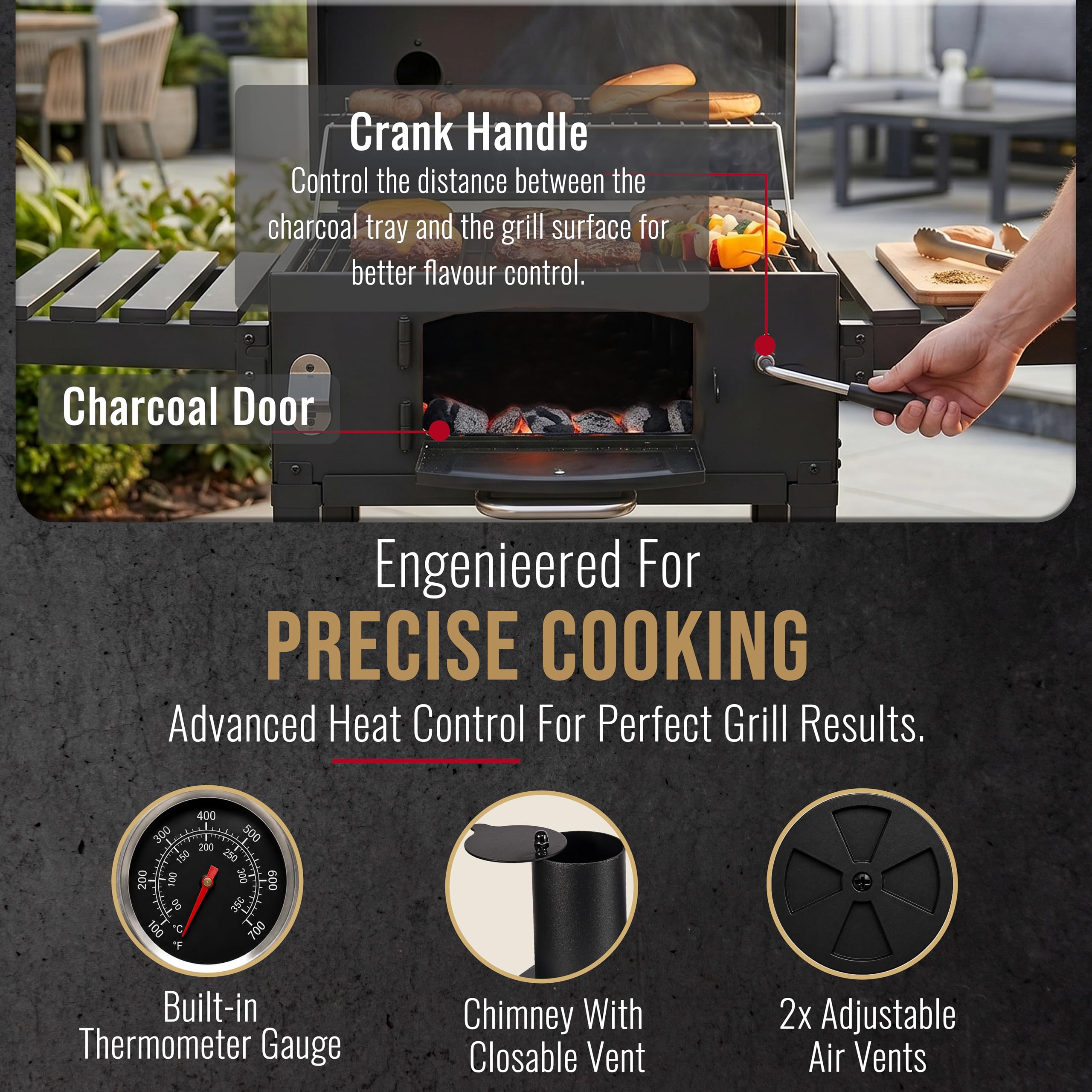 CosmoGrill Outdoor XL Smoker Barbecue Charcoal Portable BBQ Grill, 2 Folding Side Table, Built-in Thermometer, Adjustable Charcoal Pan & Chimney, Wheels, Large Coal BBQ Smoker for Home Garden Cooking