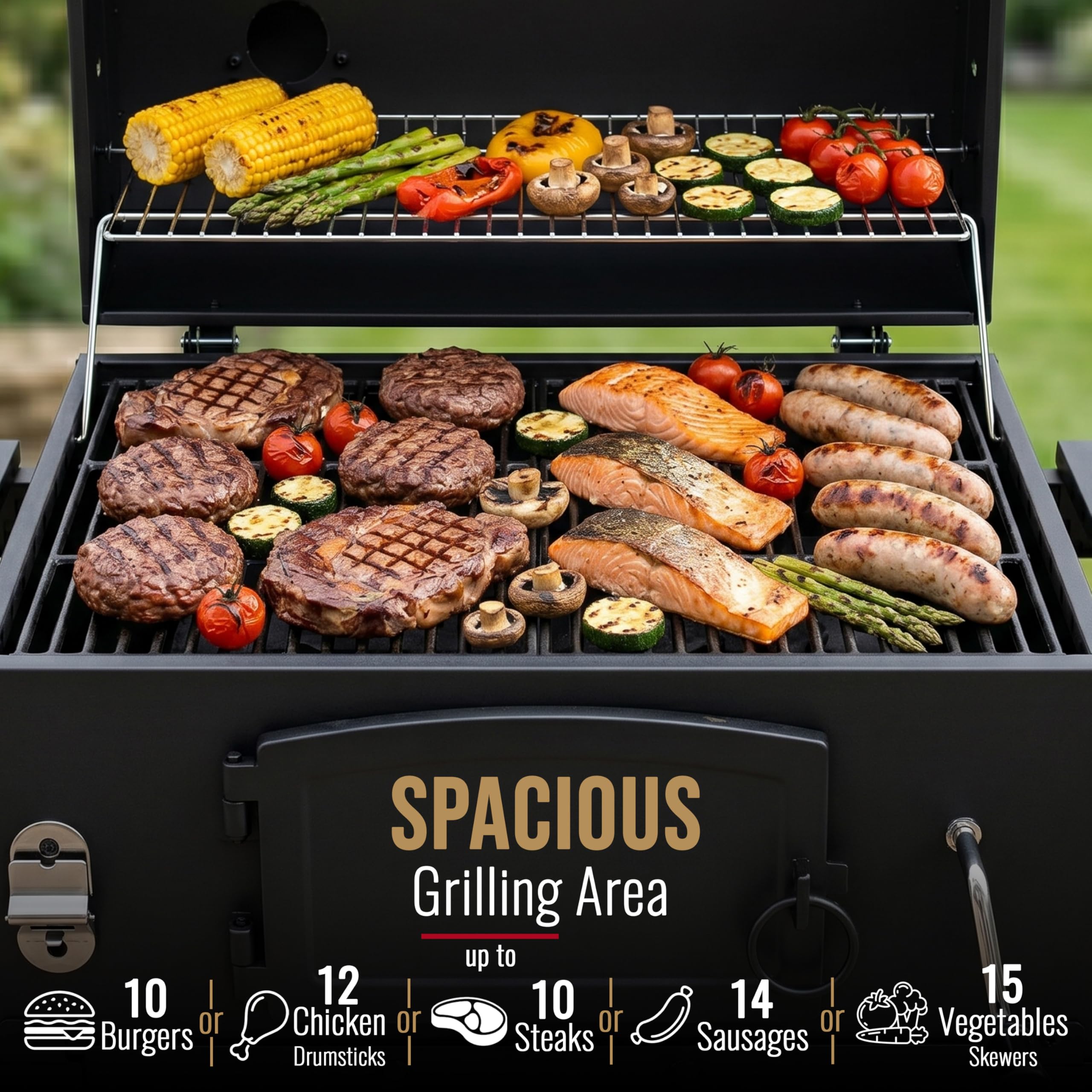 CosmoGrill Outdoor XL Smoker Barbecue Charcoal Portable BBQ Grill, 2 Folding Side Table, Built-in Thermometer, Adjustable Charcoal Pan & Chimney, Wheels, Large Coal BBQ Smoker for Home Garden Cooking